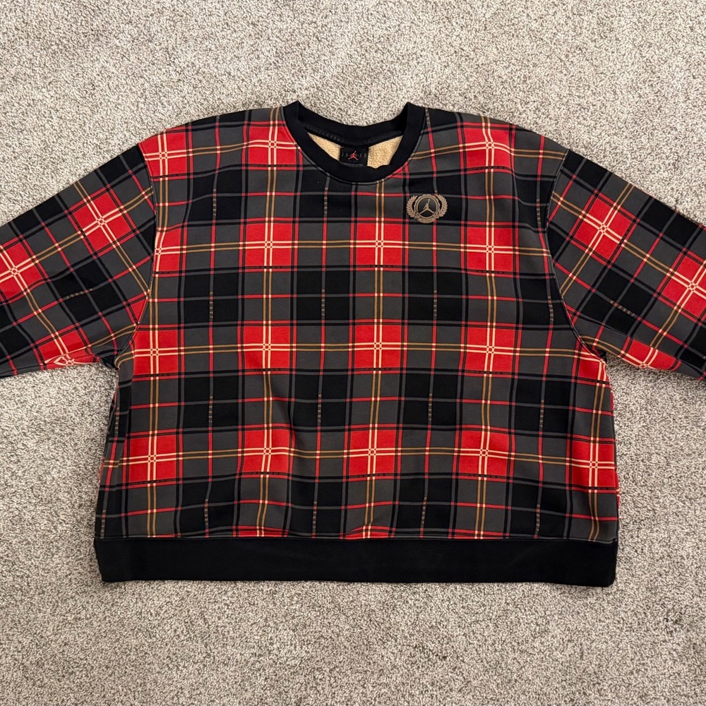 Women's Air Jordan Brooklyn Plaid Fleece Crewneck Sweatshirt Red Black Tartan